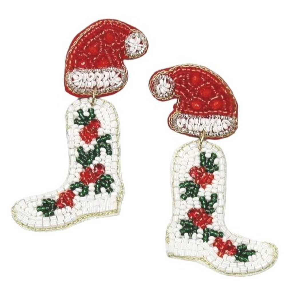Viola Beaded Santa Hat Boots Holiday Earrings Red White OS NWT